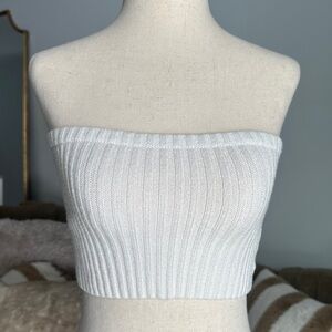 White Ribbed Strapless Sweater Top